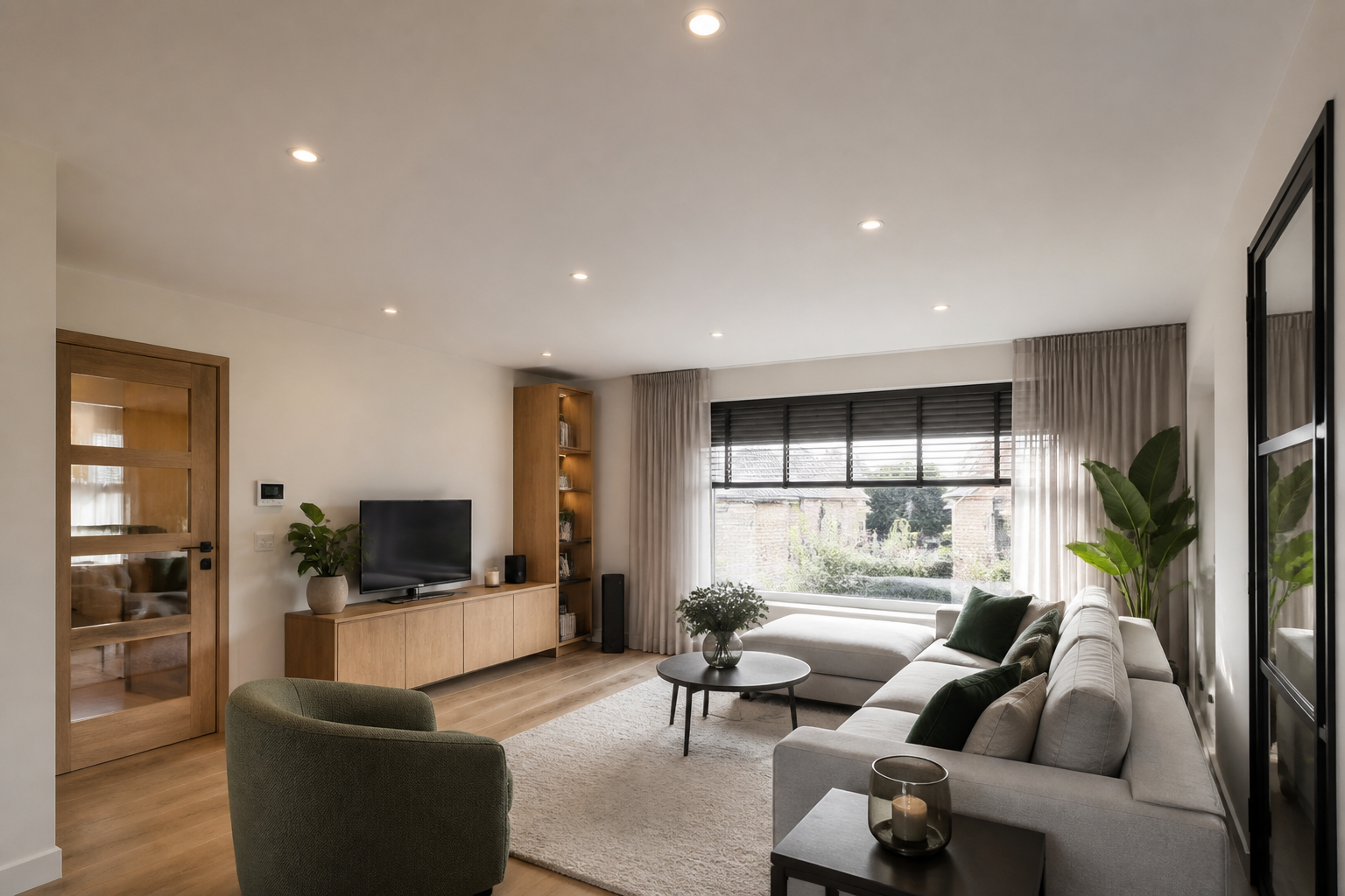 Mat wit spanplafond met geïntegreerde spots in een moderne woonkamer